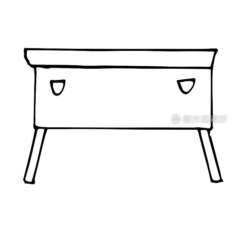 Vector drawing of a long nightstand. Sketch stile. A linear pattern. Black and white doodles Isolated on a white background. Modern furniture for bedroom, study, living room.